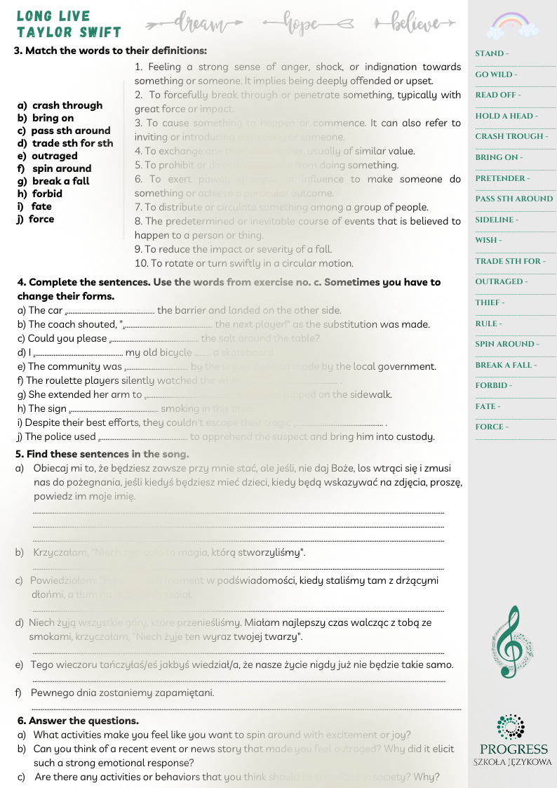 Zestaw zadań do piosenki Taylor Swift - Long Live