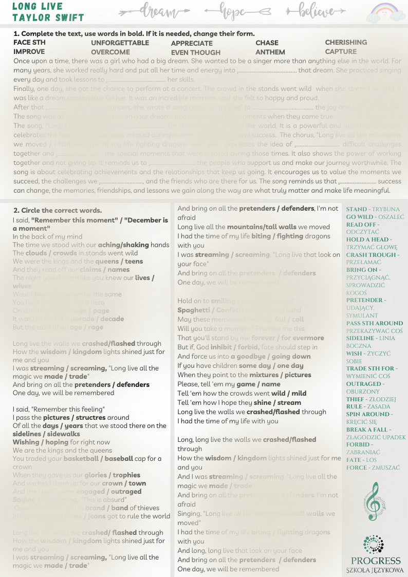 Zestaw zadań do piosenki Taylor Swift - Long Live